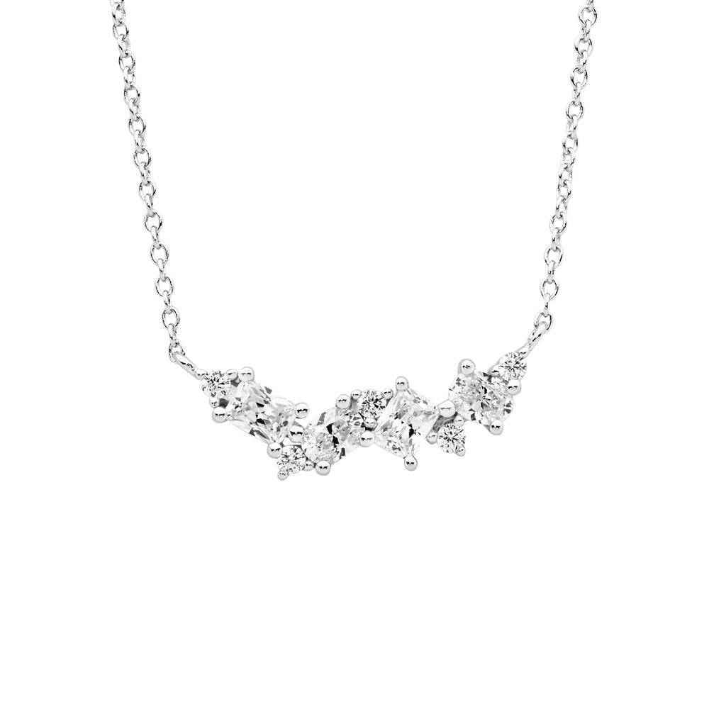Fancy Cubic Zirconia Cluster Bar Necklace - Silver.