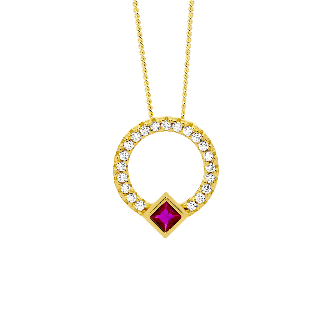 Open Circle Pendant with Red Cubic Zirconia.