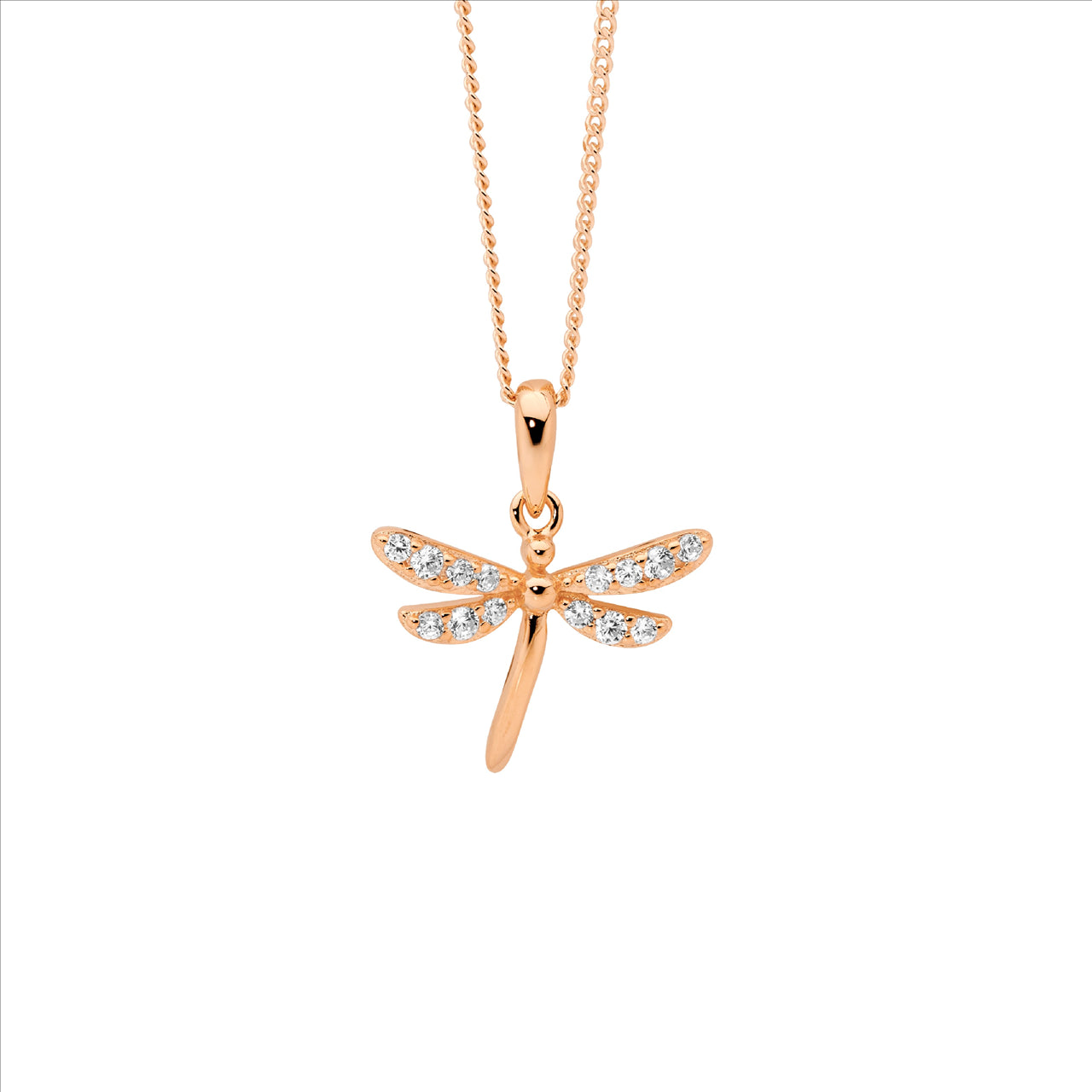 Dragonfly Necklace set with Cubic Zirconias - Rose Gold.