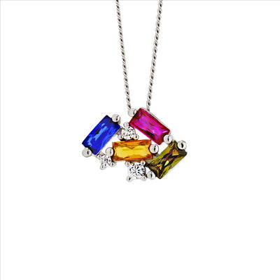Bright Rainbow Baguette Cubic Zirconia Staggered Necklace.