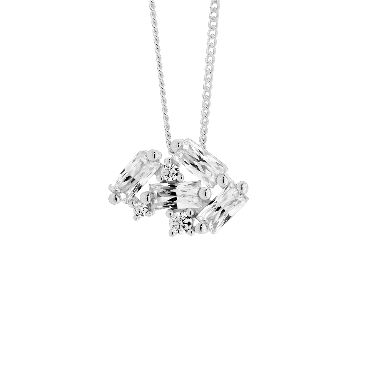 Baguette Cubic Zirconia Staggered Necklace - Sterling Silver.