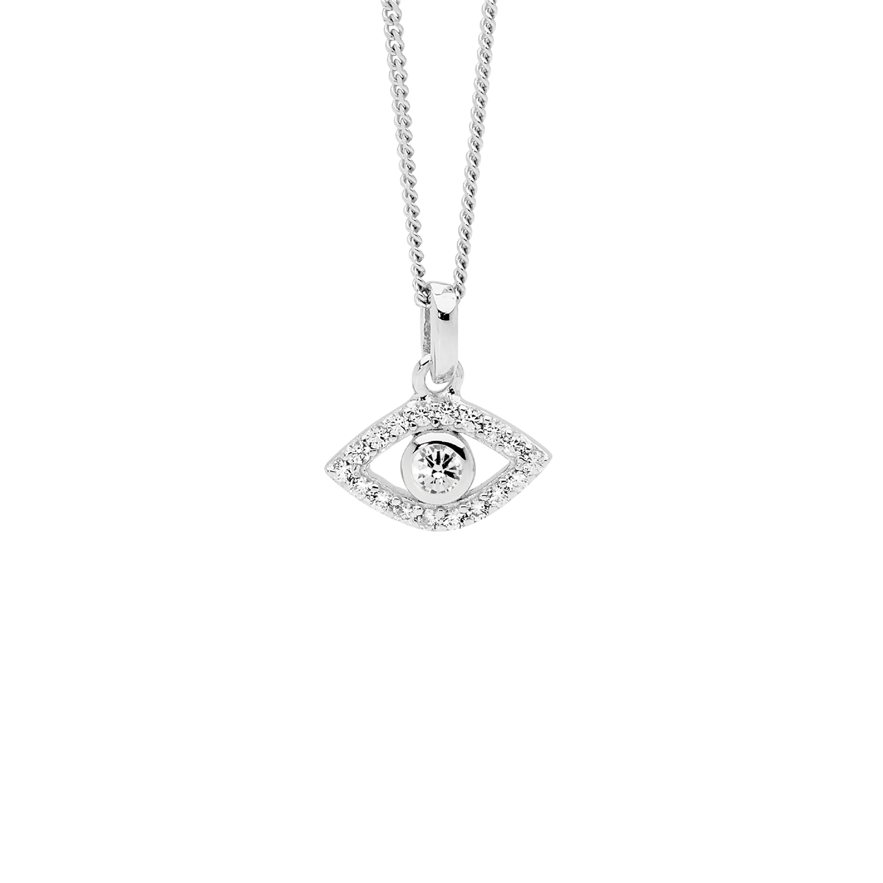 Sterling Silver White CZ Bezel Set Evil Eye Pendant Chain