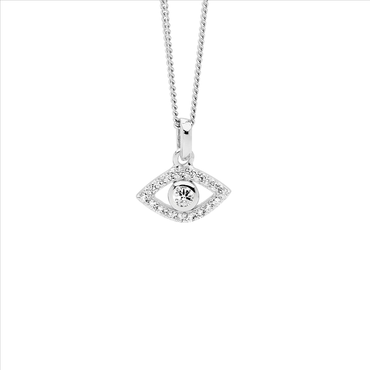 Sterling Silver White CZ Bezel Set Evil Eye Pendant Chain