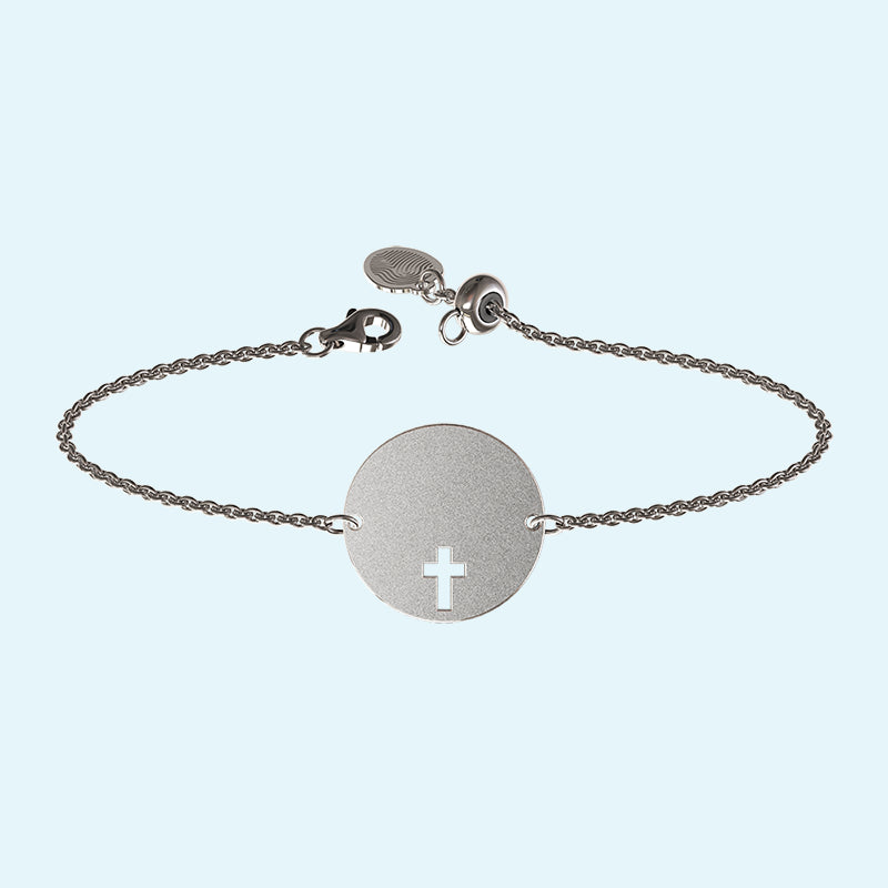 Sterling Silver Cross Disc Bracelet with adjustable length chain.