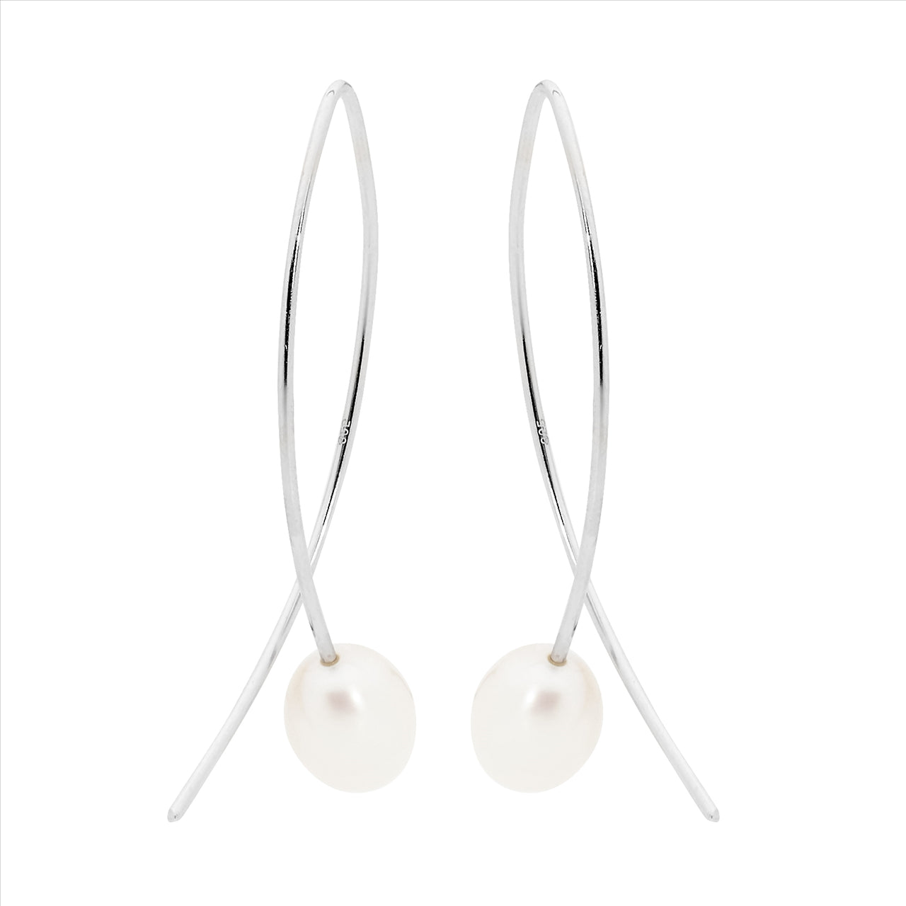 Sterling Silver Long Crossover Pearl Earrings