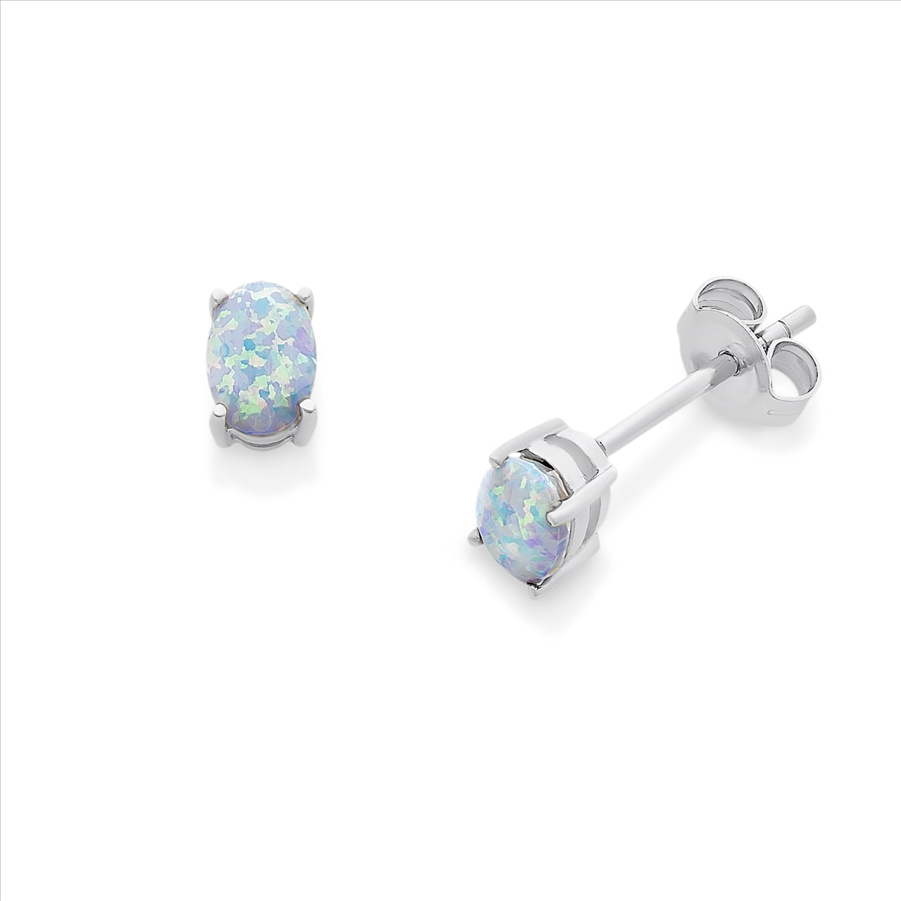 Sterling Silver Created White Opal Oval Stud Earrings
