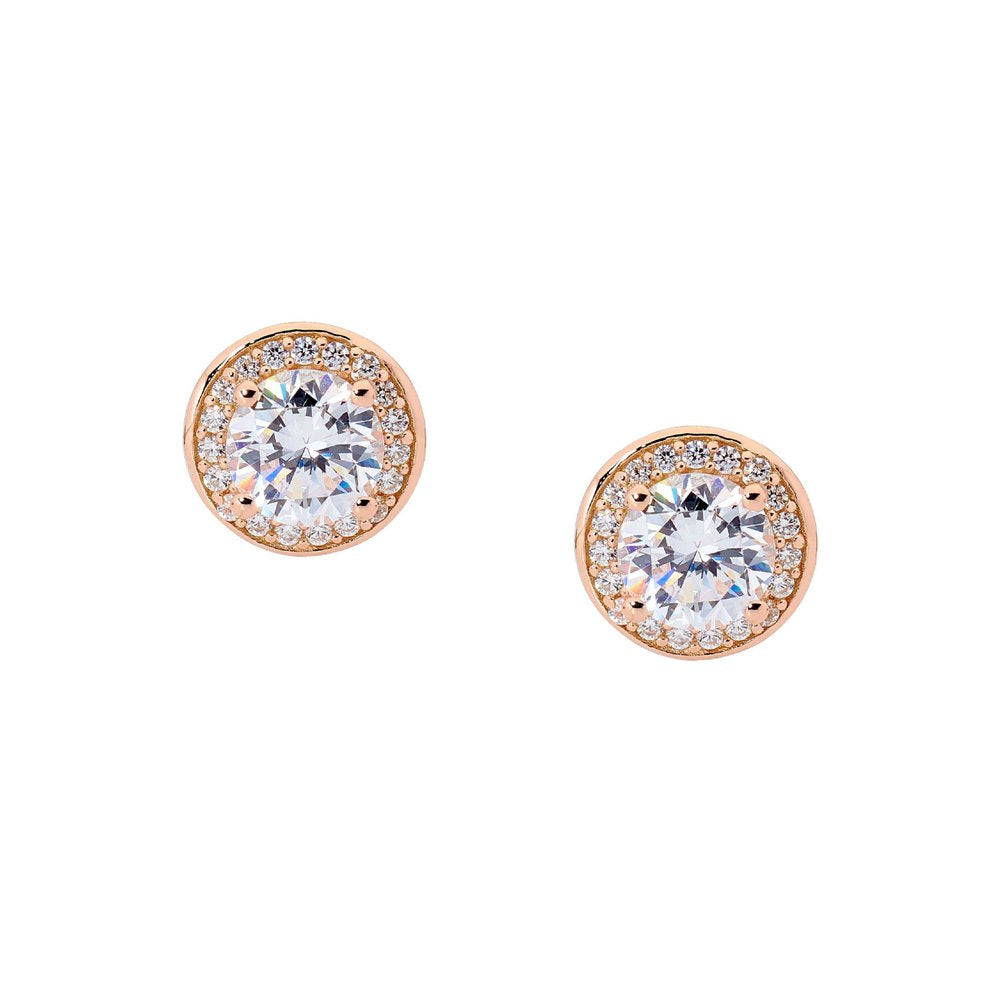 Rose Gold Plate Cubic Zirconia Halo Stud Earrings.