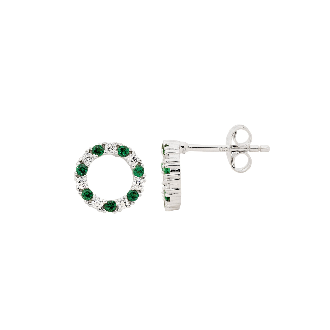 Green & White CZ Open Circle Studs - Sterling silver.