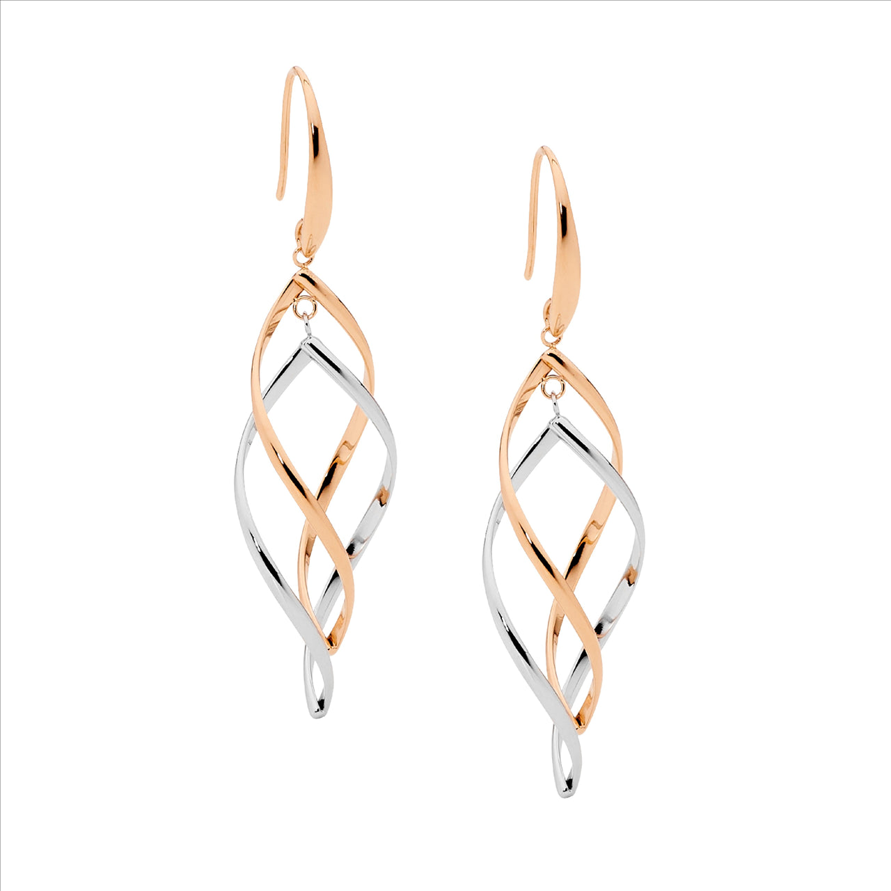 Double Twist Long Drop Earrings - Rose Gold Plate & Stainless Steel.