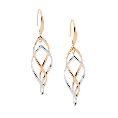 Double Twist Long Drop Earrings - Rose Gold Plate & Stainless Steel.