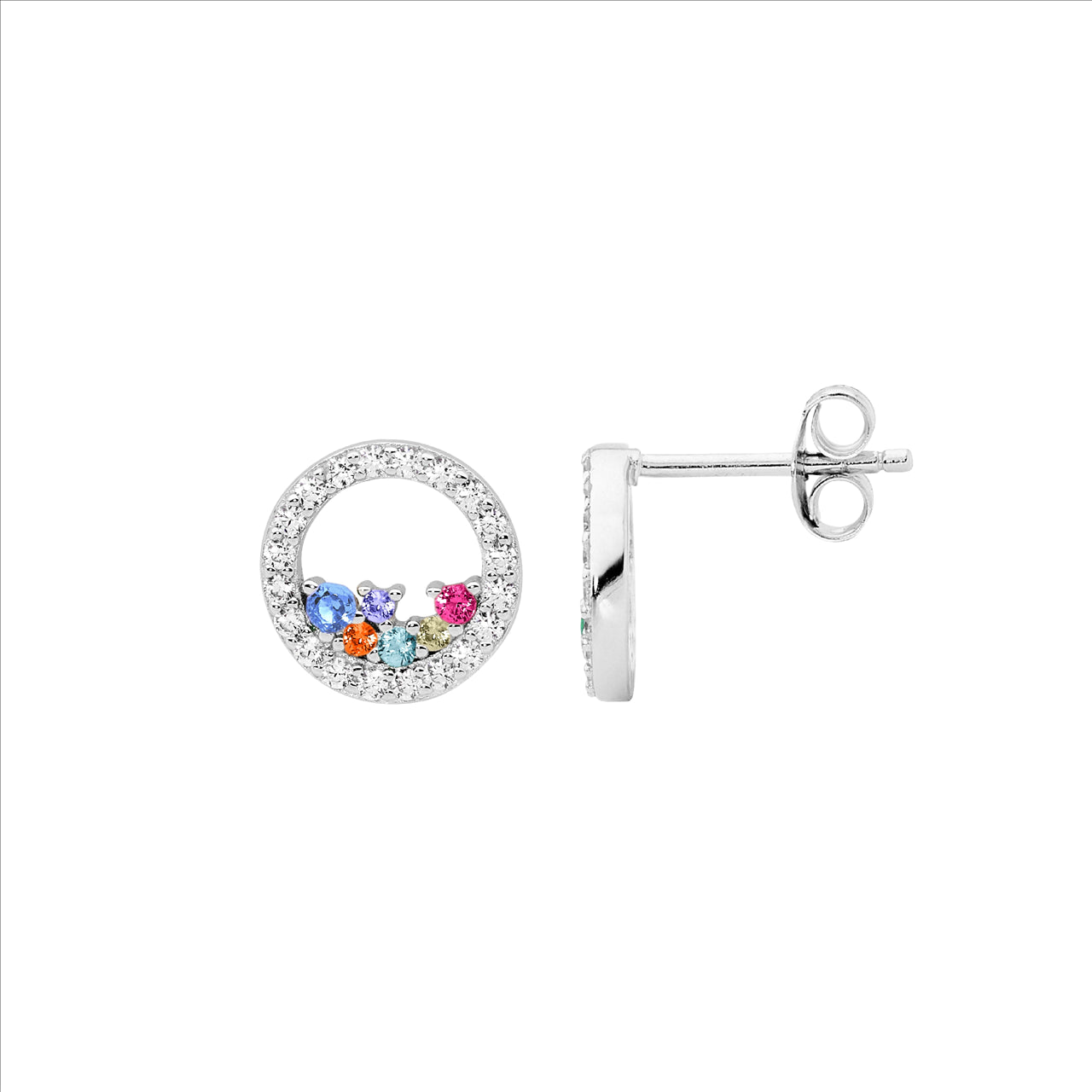 Open Circle Studs Bright Multi Coloured Scattered CZs
