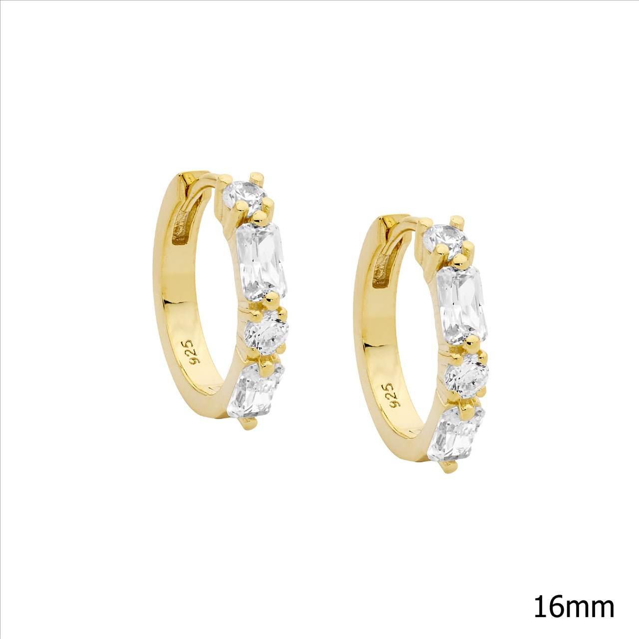 Baguette & Round CZ Huggie Earrings - Yellow Gold Plate.
