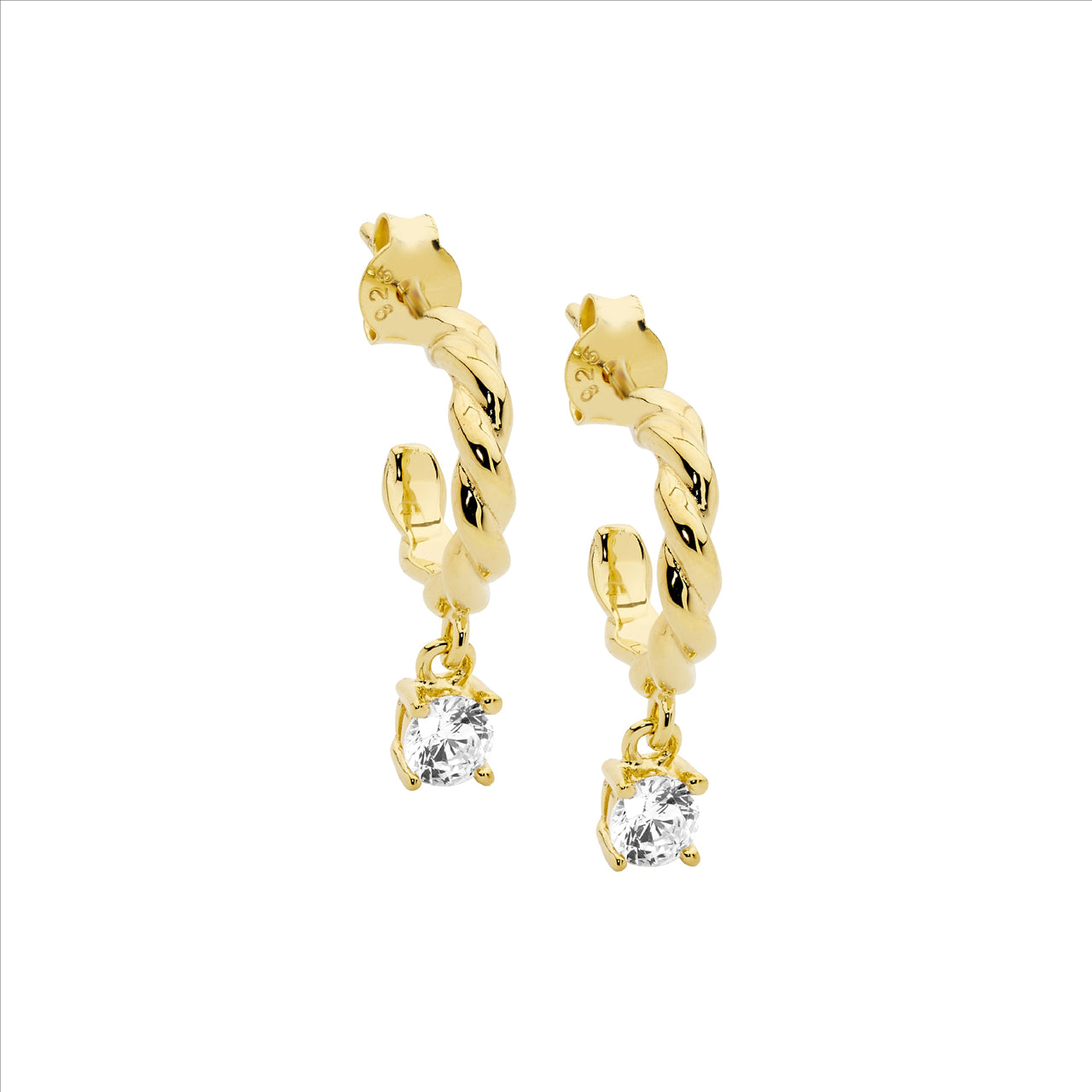 Twist Hoop Earrings with Cubic Zirconia Drop - Yellow Gold Plate