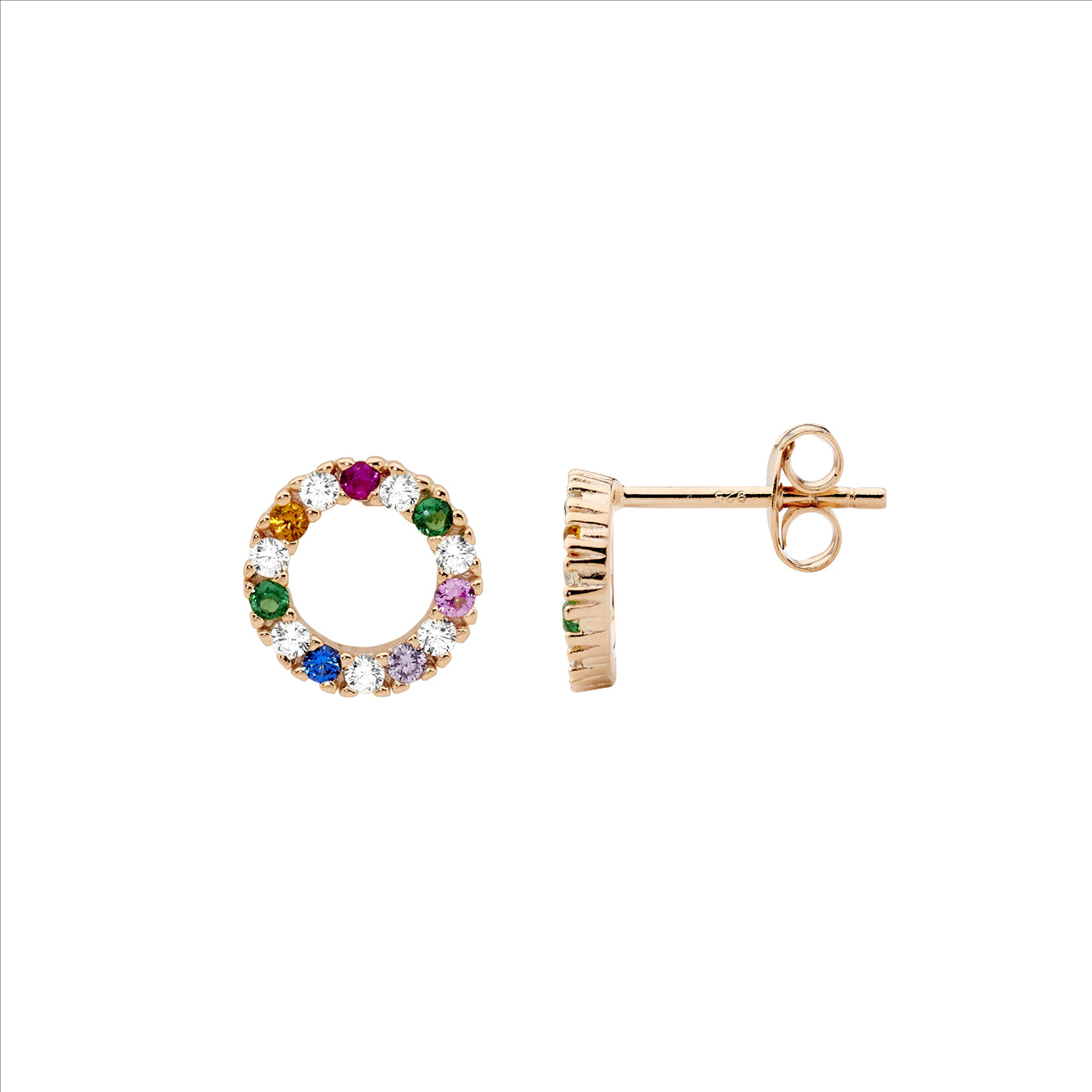 Bright Rainbow CZ Open Circle Stud Earrings - Rose Gold Plate