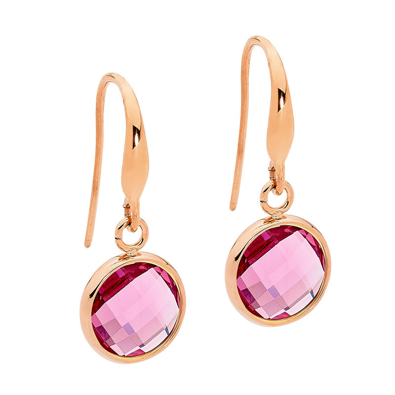 Rose Gold Plate Pink Glass Drop Earrings.