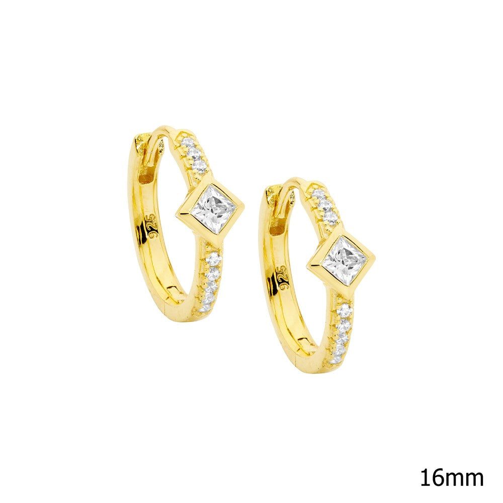 Silver Hoop Earrings set with Princess Cut CZ In the Centre - Yellow Gold Plate