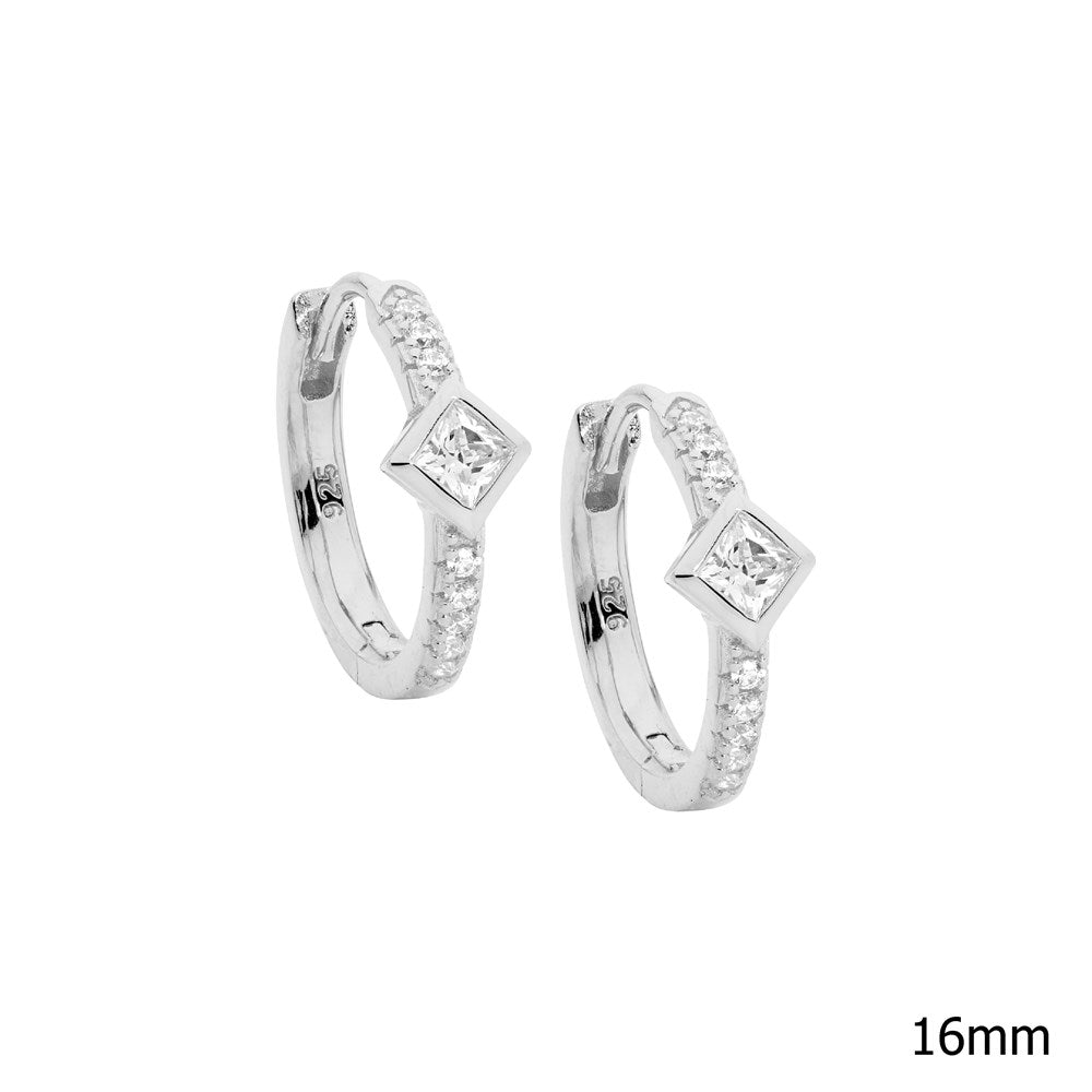 Silver Hoop Earrings set with Princess Cut CZ In the Centre - Silver