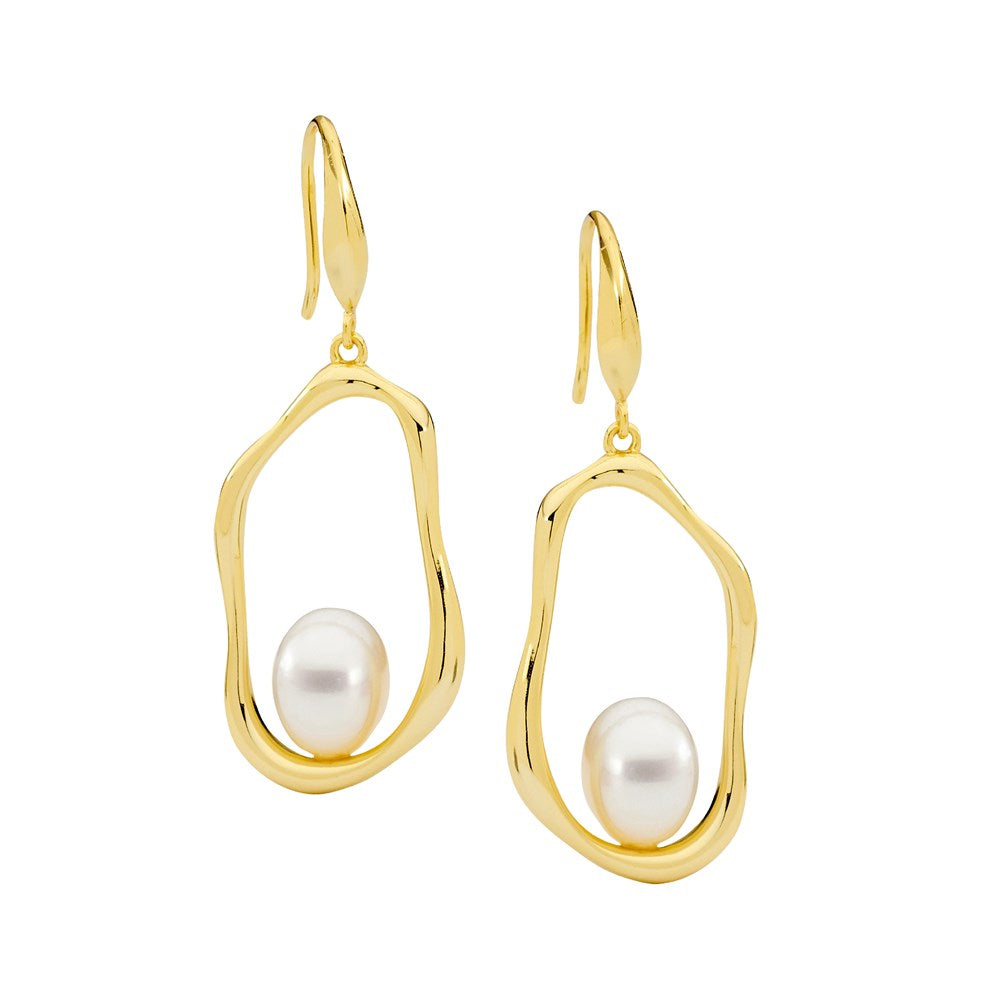 Pearl Earring with Open Oval Wave Drop Earrings - Yellow Gold Plate.