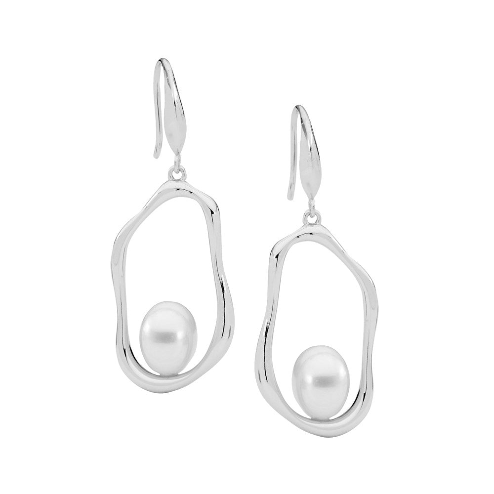 Pearl Earring with Open Oval Wave Drop Earrings - Sterling Silver.