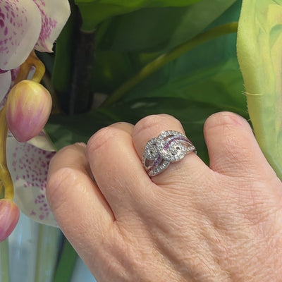 18ct White Gold Pink Sapphire & Diamond Swirl Design Dress Ring