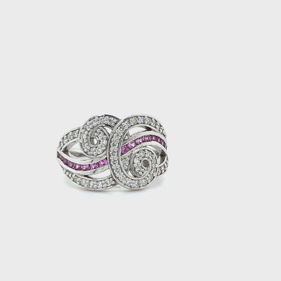 18ct White Gold Pink Sapphire & Diamond Swirl Design Dress Ring