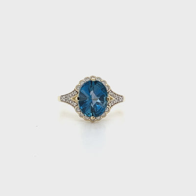 Vintage Inspired Oval London Blue Topaz & Diamond Ring.