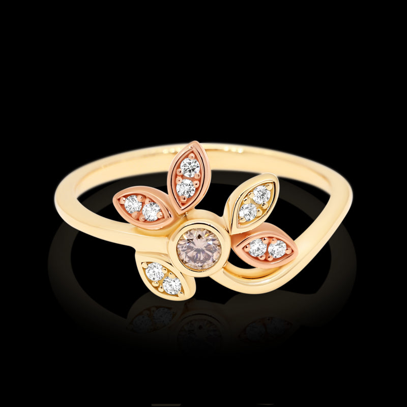Dreamtime 9ct Yellow & Rose Gold Champagne & White Diamond Flower Ring – TDW 0.18ct