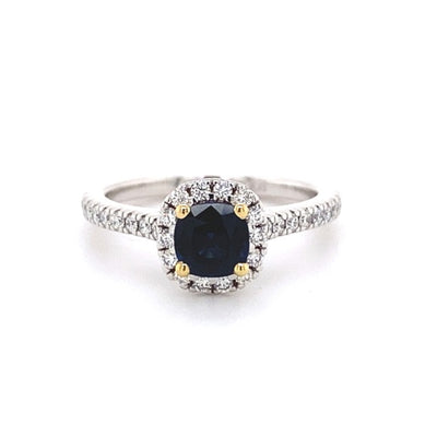 18ct Gold Cushion Cut Blue Sapphire & Diamond Ring.