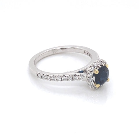 18ct Gold Cushion Cut Blue Sapphire & Diamond Ring.