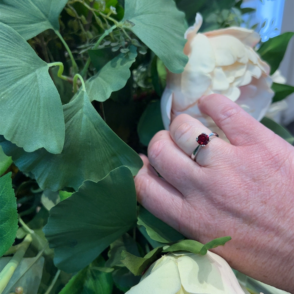 Solitaire Synthetic Ruby Ring in 18ct White Gold.