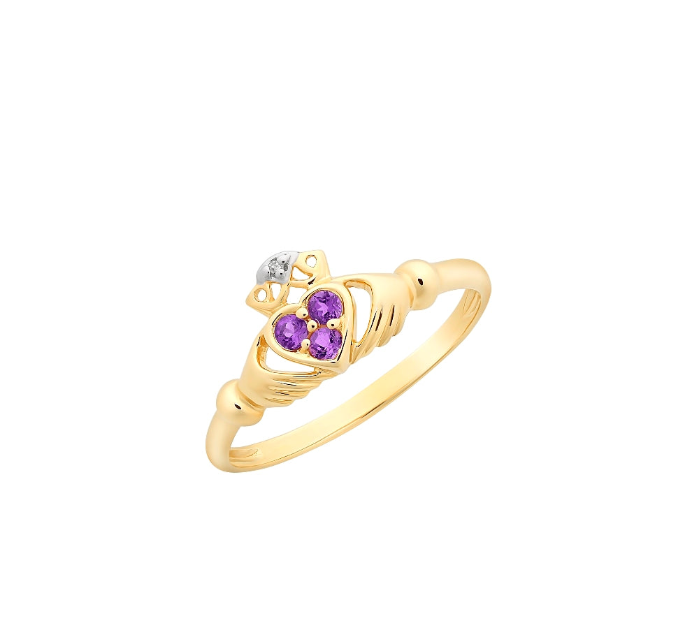 Irish Claddagh Ring with Amethysts in 9ct Yellow Gold.