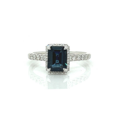 18ct White Gold Blue Sapphire & Diamond Halo Ring