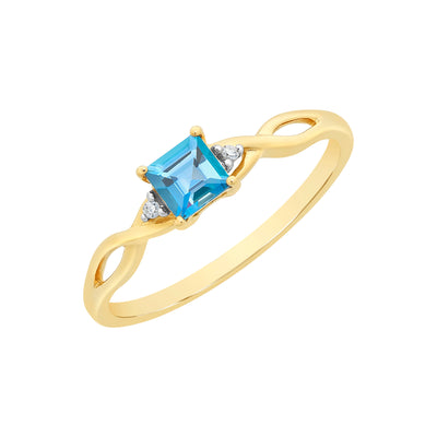 9ct Gold London Blue Topaz & Diamond Dress Ring with Infinity Shoulders.