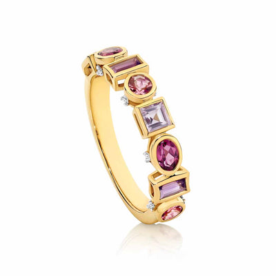 Yellow Gold Multi Natural Pink coloured gemstone dress ring.