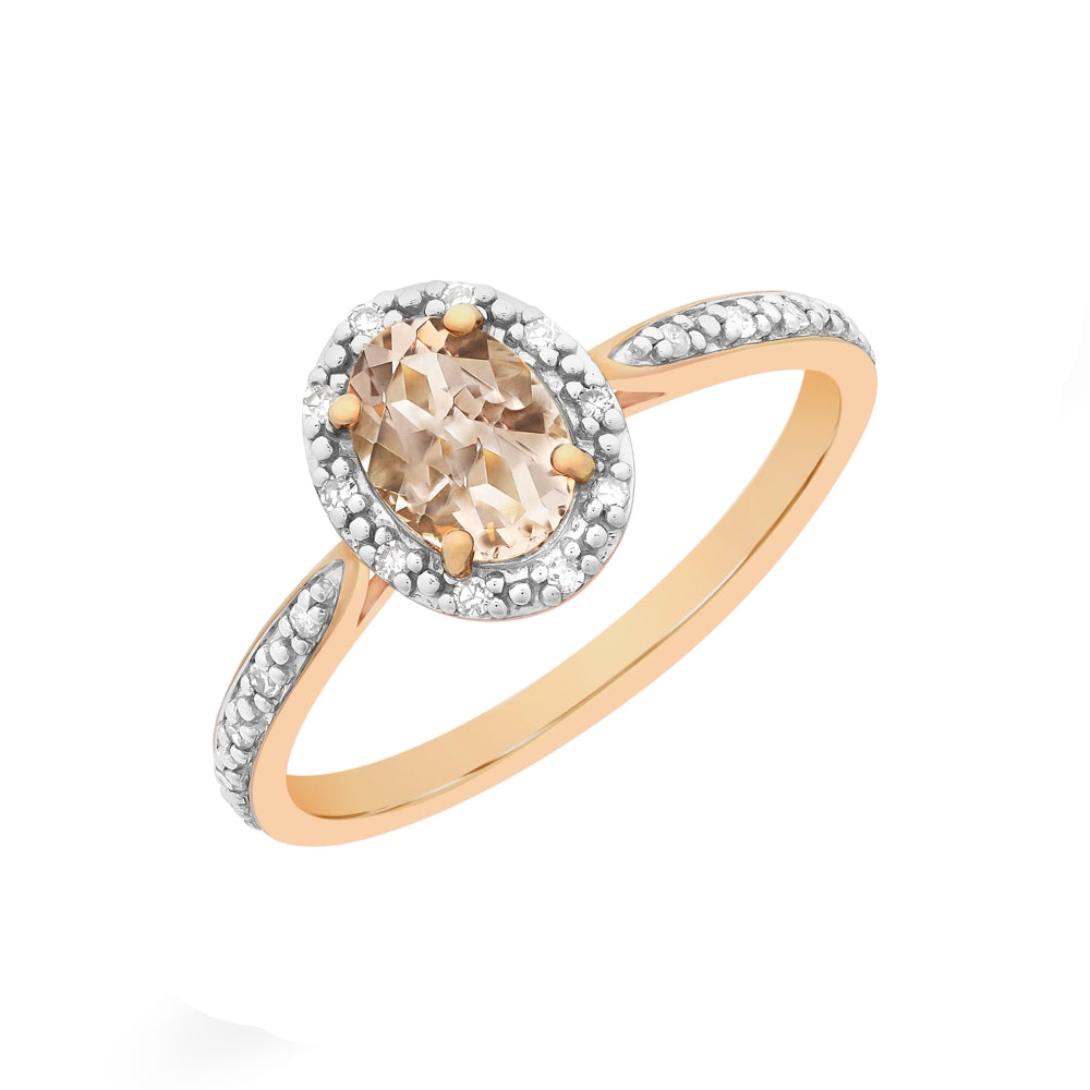 9ct Rose Gold Oval Morganite & Diamond Dress Ring.