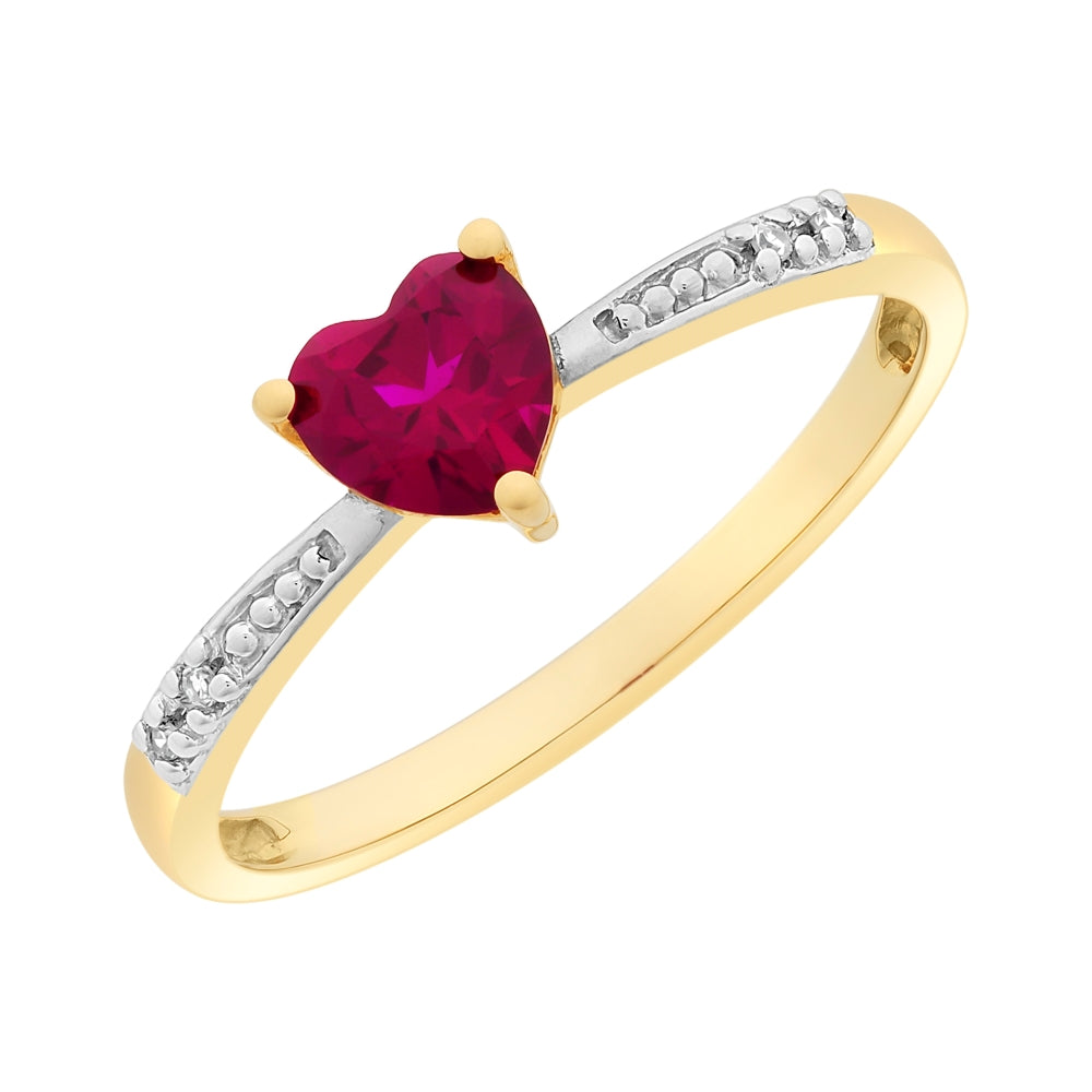 9ct Gold Heart Shaped Created Ruby & Diamond Dress Ring.