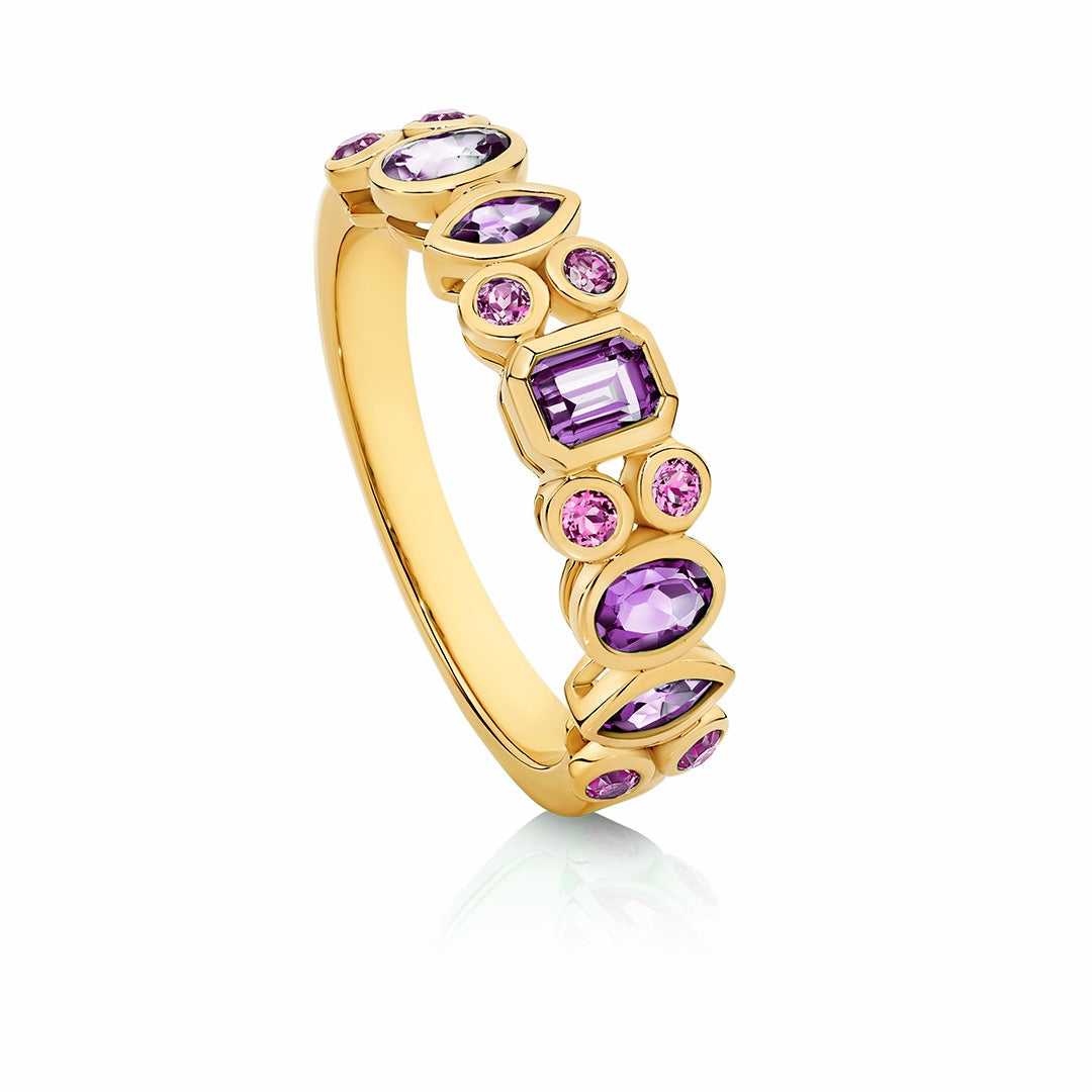 9ct Yellow Gold Amethyst & Pink Diamond Ring.