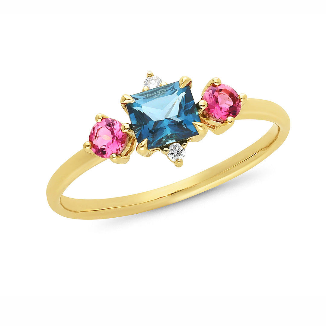 9ct Gold London Blue Topaz & Pink Tourmaline Ring