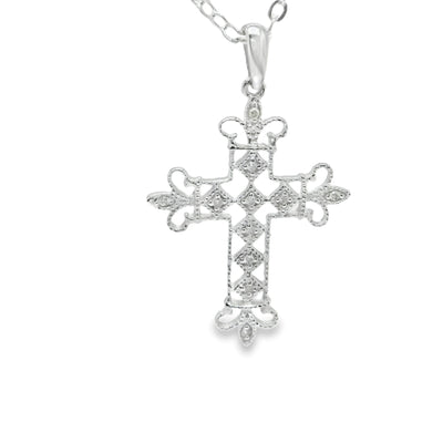 9ct White Gold Fancy Diamond Set Cross.