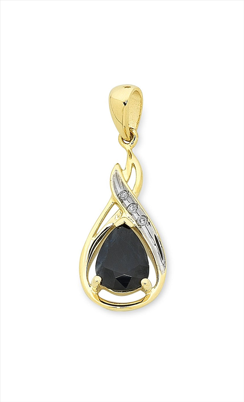 9ct Yellow Gold Sapphire & Diamond Teardrop Frame Pendant