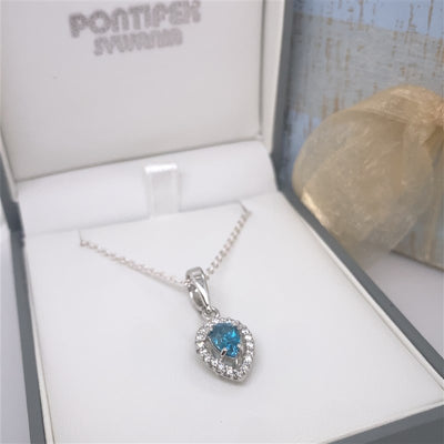 9ct White Gold Blue Zircon & Diamond pendant