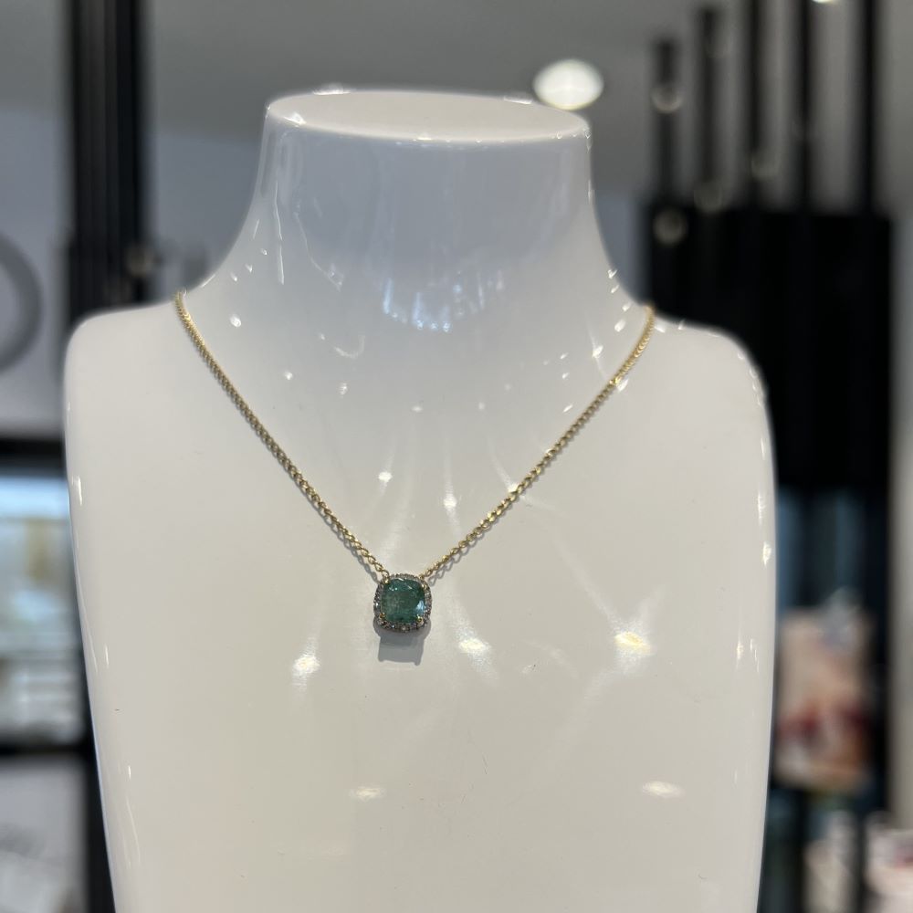 Natural Emerald & Diamond Cluster Necklace.