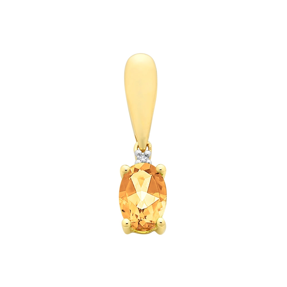 9ct Yellow Gold Oval Citrine & Diamond Pendant.