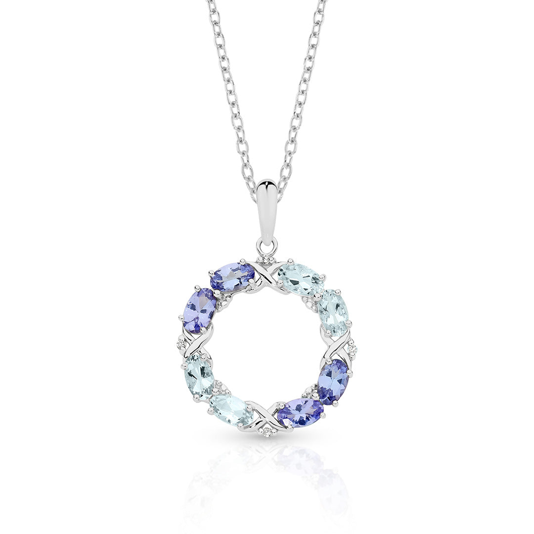 9ct White Gold Aquamarine, Tanzanite & Diamond Oval Cut Circle Pendant