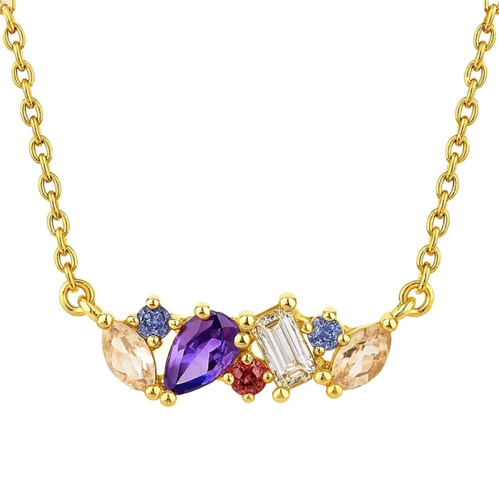 9ct Gold Natural Gemstone Necklace - Amethyst, Tourmaline, Tanzanite, Topaz