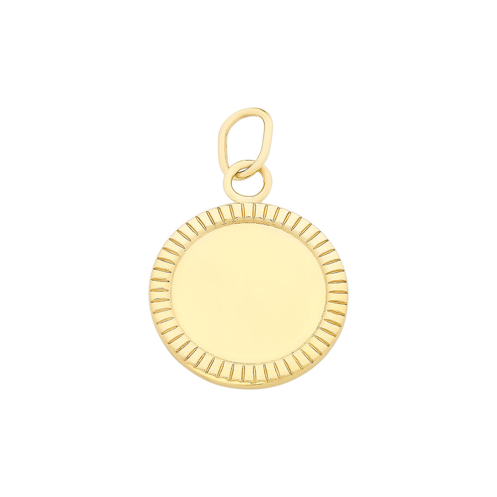 9ct Yellow Gold Disc Pendant with patterned edge frame.