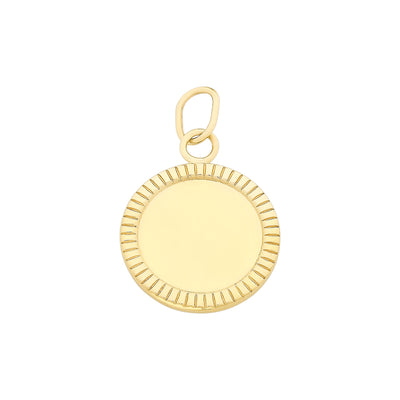 9ct Yellow Gold Disc Pendant with patterned edge frame.