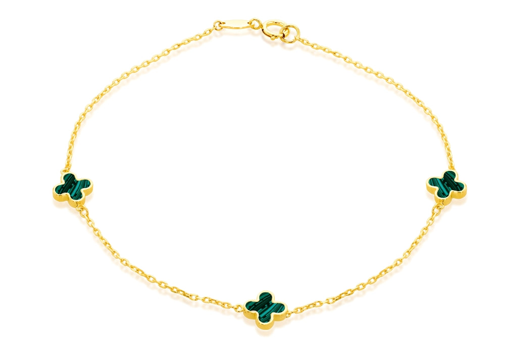 9ct Gold Malachite 4 Leaf Clover Bracelet.