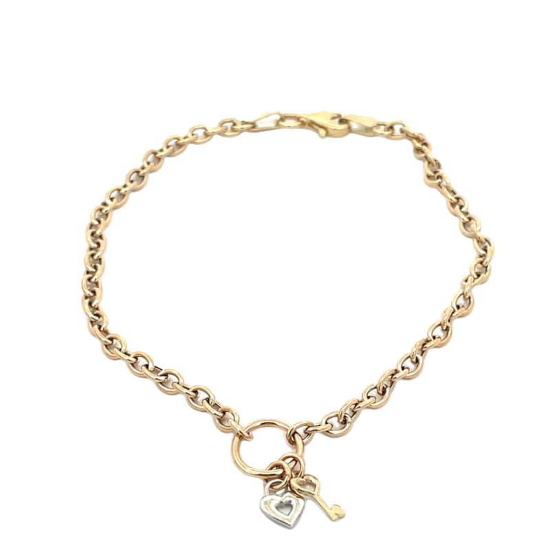 9ct Yellow Gold Cable LInk Bracelet with Heart & Key Charm