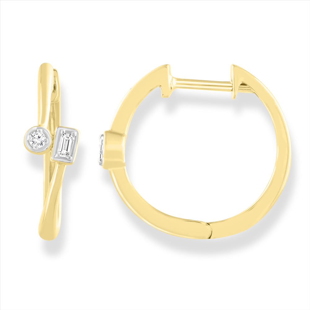 9ct Yellow Gold Baguette & Round Diamond Huggie Earrings.